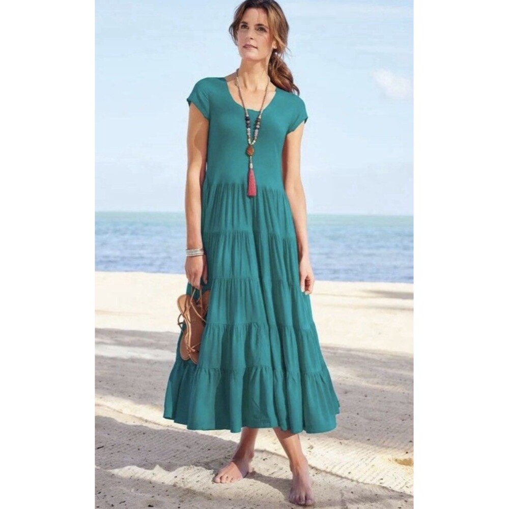 Soft Surroundings Tropical Green Tiered Cap-Sleeve Maxi Dress